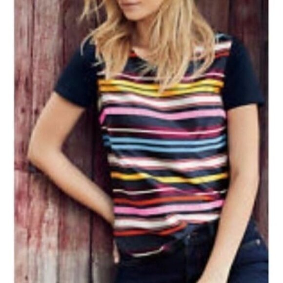 Lands End Womens Medium Ribbon Stripe Blouse Short Sleeve Blue Boho Festival - Picture 1 of 7